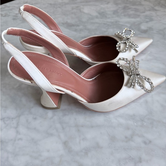 Amina Muaddi White Satin Heels with Crystal Bow - Picture 5 of 6